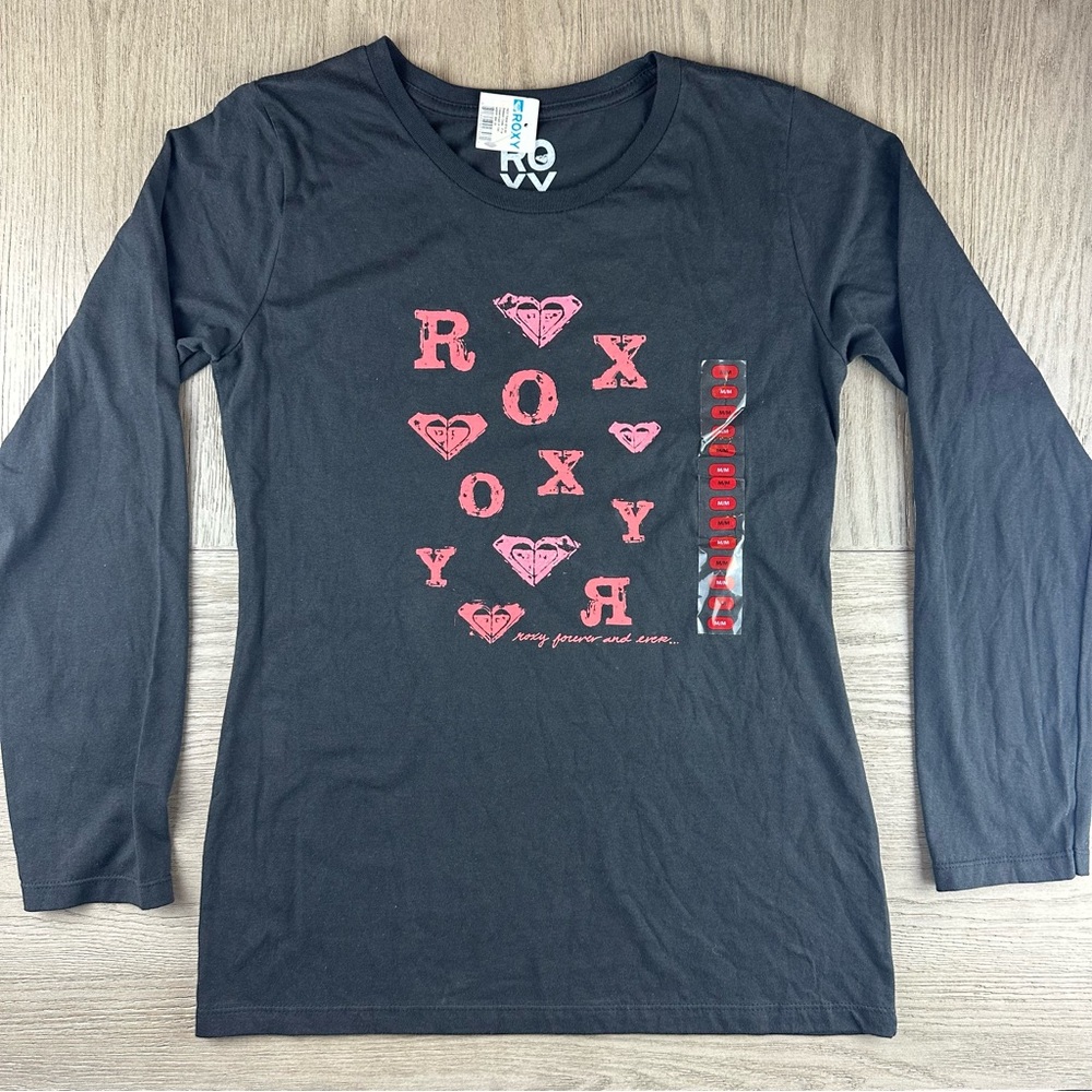 Roxy M Long Sleeve Graphic Tee Gray Pink Logo Y2K Surf Skater Shirt NWT